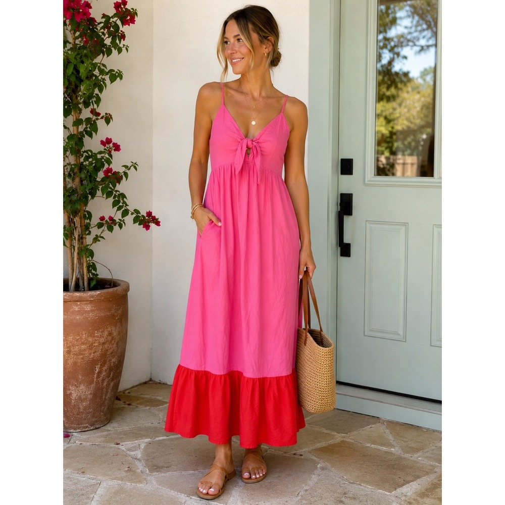 Tabitha Brown X Target XS Pink Red Linen Blend Tie Front Midi Maxi Dress Pockets